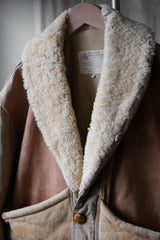 1980's "CHEVIGNON" Shearling Leather Shawl Collar Coat French vintage sheep fur loofah collar coat