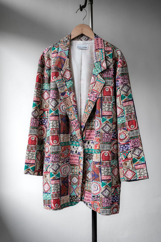 "Kenneth Mitchell" Vintage Multi Color Print Blazer Vintage totem print single button casual suit jacket
