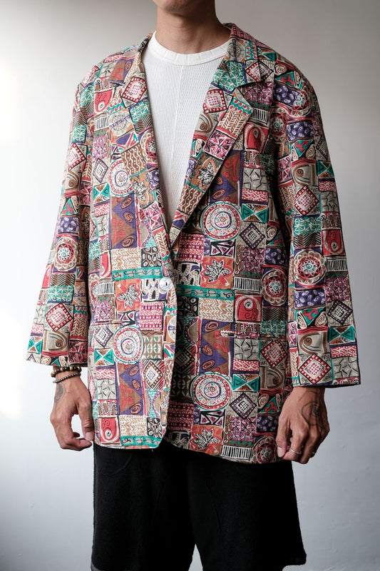 "Kenneth Mitchell" Vintage Multi Color Print Blazer Vintage totem print single button casual suit jacket