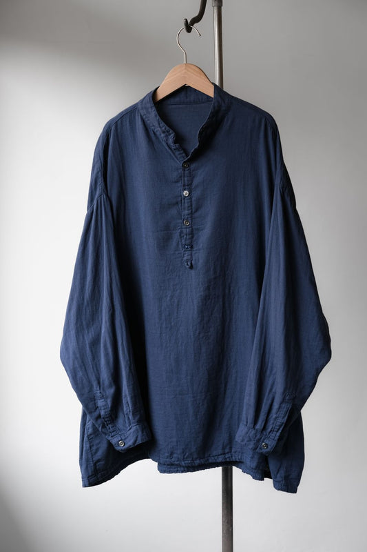 Porter Classic SUVIN GOLD GAUZE STAND COLLAR LONG SMOCK SHIRT NAVY