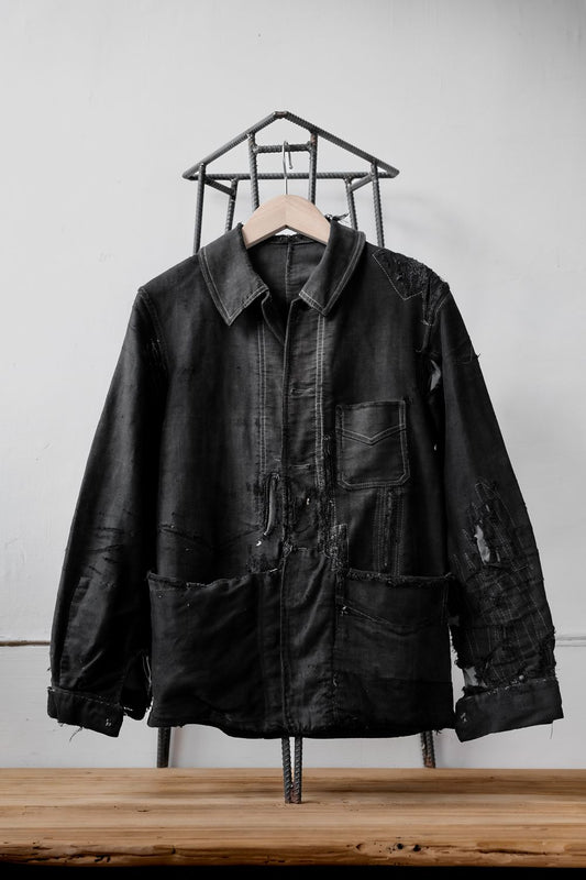 1940's "Le Mont St Michel" French Vintage Black Moleskin Boro Jacket French workwear vintage black moleskin ragged work jacket