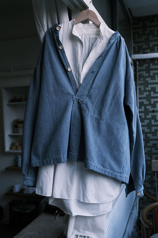 希少なフランス製ヴィンテージチェック柄インディゴスモックシャツ