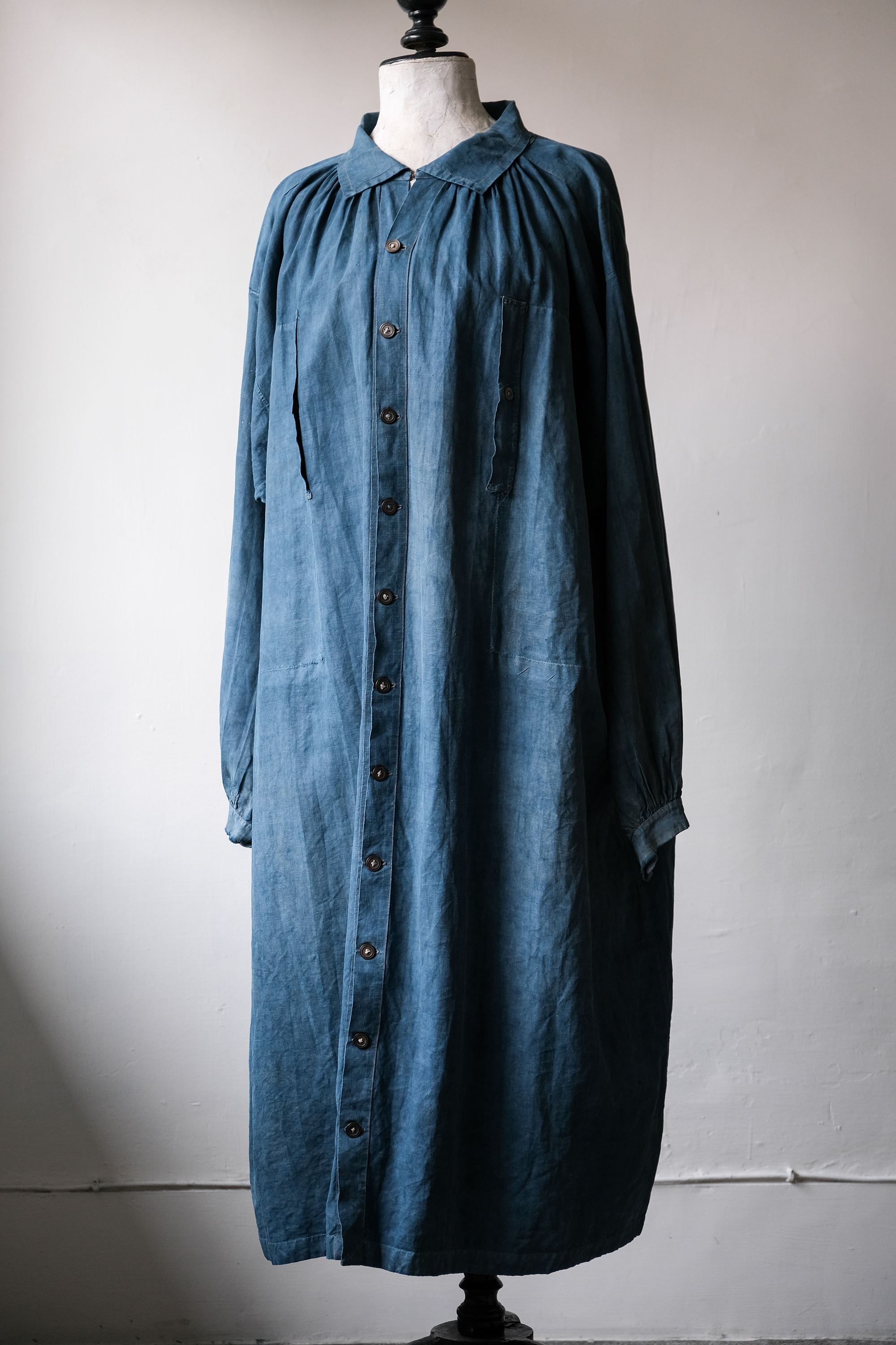 French 1910’s Antique Indigo Linen Biaude 法國古董 天然亞麻藍染馬商罩衫