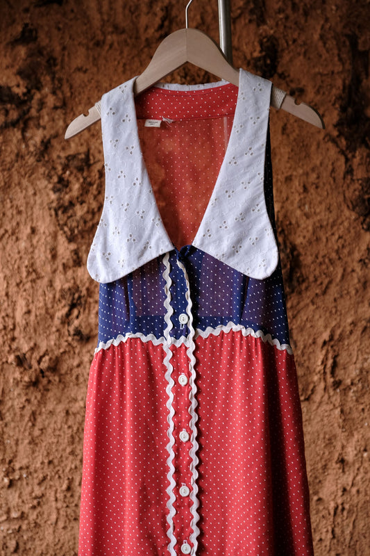 ヴィンテージ レースカラー ドットプリント ノースリーブ ドレス