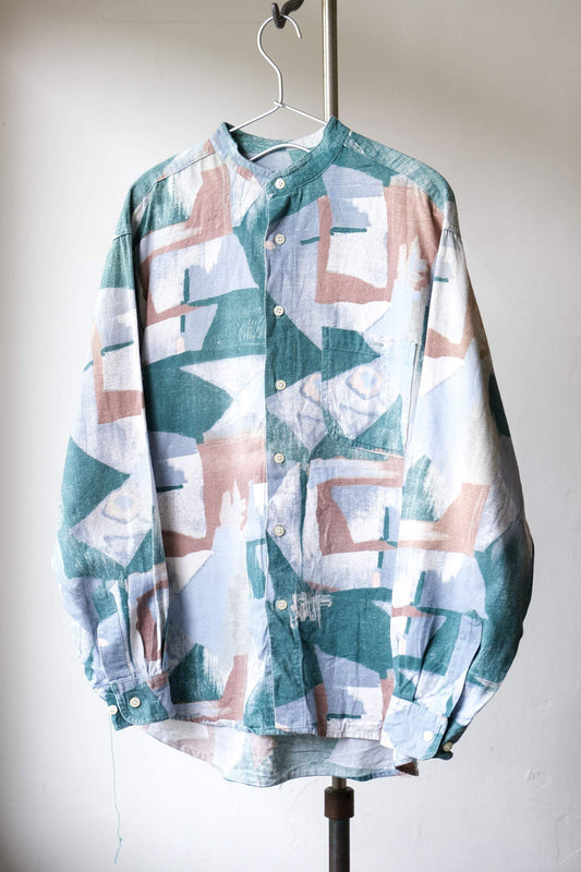 Vintage “Blue-M” No Collar Pattern Shirt 復古幾何圖形無領印花襯衫