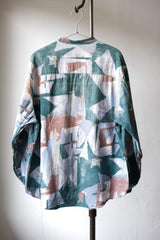Vintage “Blue-M” No Collar Pattern Shirt Retro Geometric Collarless Printed Shirt
