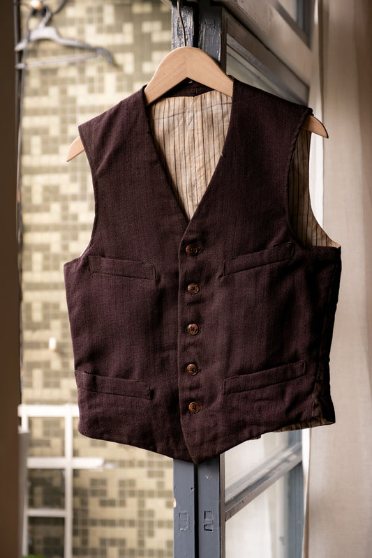 1930's French Vintage Brown Red Wool Work Gilet