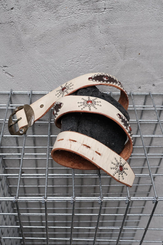 HTC Hollywood Trading Company White Leather Lizard Inlay Stone Studded Belt 美國古董皮件品牌 白色牛皮蜥蜴皮拼接紅寶石鉚釘皮帶