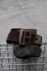 HTC Hollywood Trading Company Brown 5-Row Pyramid Stud Belt with Red Stone Buckle 美國古董皮件品牌 深棕色5排全金字塔鉚釘紅石扣皮帶