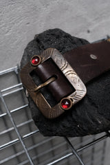 HTC Hollywood Trading Company Brown 5-Row Pyramid Stud Belt with Red Stone Buckle 美國古董皮件品牌 深棕色5排全金字塔鉚釘紅石扣皮帶