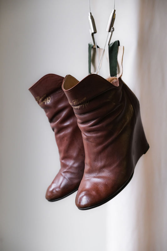 Undercover Leather Wedge Boots 高橋盾 棕色皮革楔型靴 絲絨裝飾