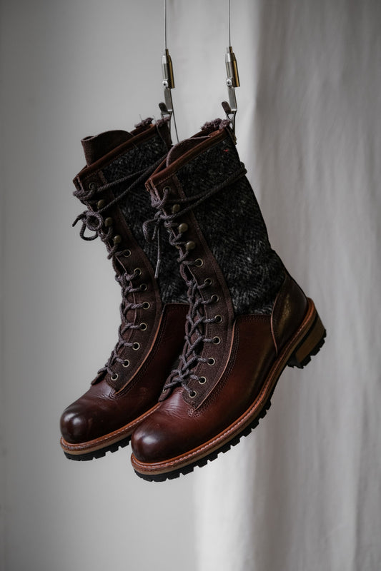 Y’s Yohji Yamamoto Wool Herringbone Lace up Leather Boots 山本耀司 羊毛人字紋拼接高筒皮靴 女靴