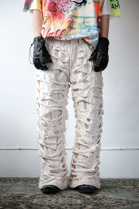 Off-White Denim Flared Jeans with custom-made off-white hand-damaged wide-leg pants