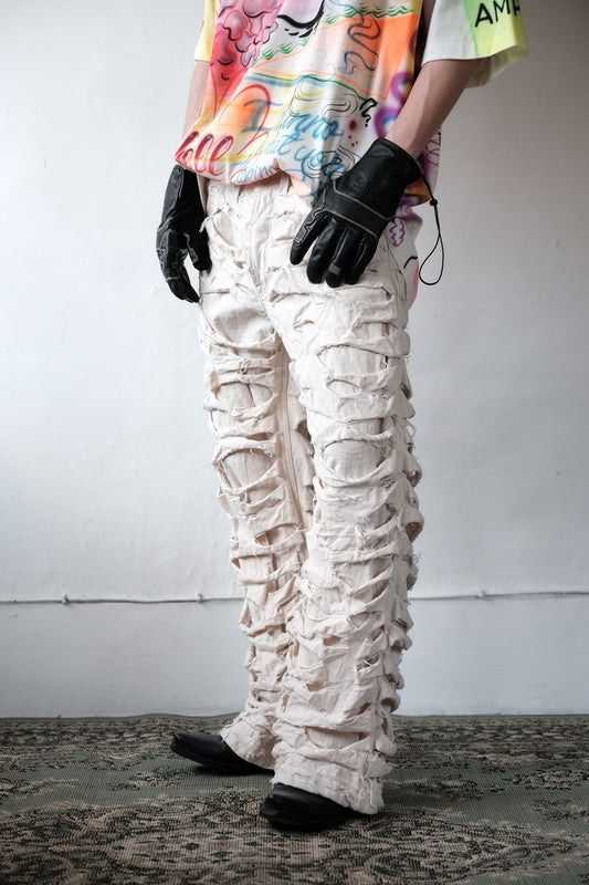 Off-White Denim Flared Jeans with custom-made off-white hand-damaged wide-leg pants