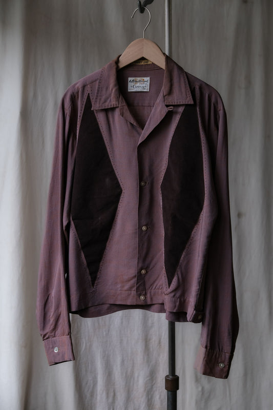 1950年代 キャンパス 2トーン レーヨン ギャバジン ベルベット シャツ ロカビリー 50年代 ヴィンテージ ベルベット パッチワーク レーヨン シャツ