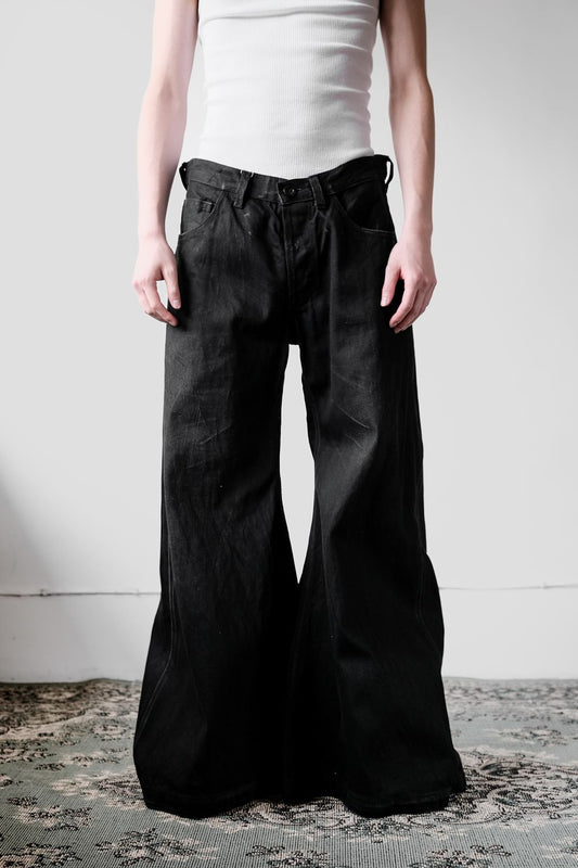 Black Waxed Denim Extreme Wide Leg Flared Jeans with custom fit Black Waxed Denim Extreme Wide Leg Flared Jeans