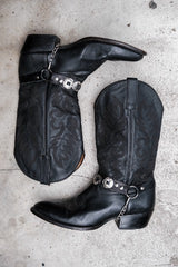 Black Leather Harness Cowboy Boots with Silver Conchos復古黑色皮革銀飾裝飾西部靴 美國製