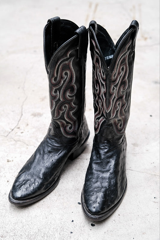 Nocona Black Full Quill Ostrich Leather Western Boots with Flame Stitch Embroidery黑色鴕鳥皮火焰刺繡西部靴 美國製