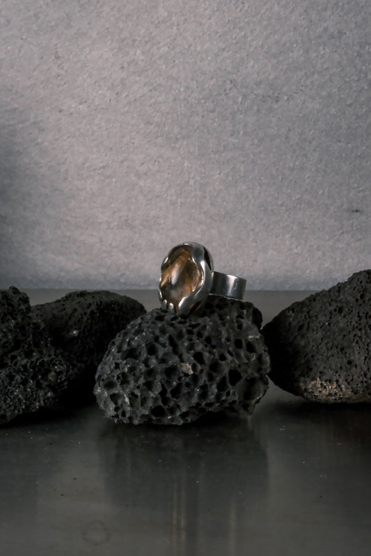 Vintage Dutch Claw-Set Rutilated Quartz Wide 835 silver Band Ring 荷蘭古董 爪鑲金髮晶 835寬版銀戒