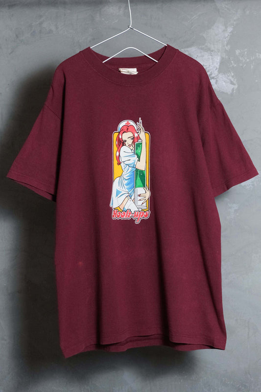 90's Hook-Ups Skateboard Anime Nurse Tee American early board animation nurse print short kick made in the United States