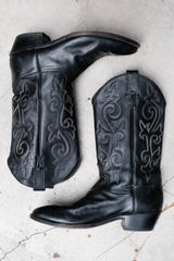 Justin Black Leather Embroidered Snip Toe Western Boots 黑色刺繡尖頭西部牛仔靴 墨西哥製