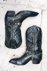 Dark Olive Leather Brogue Western Boots 墨綠色皮革雕花西部靴