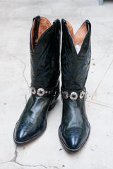 Dark Olive Leather Brogue Western Boots 墨綠色皮革雕花西部靴