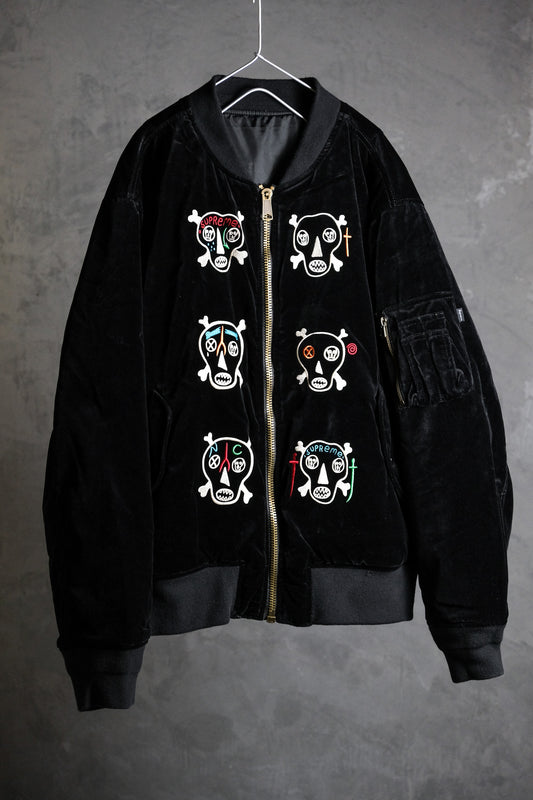 Supreme × Clayton Patterson 21S/S スカル刺繍ベルベット MA-1 ジャケット ニューヨークアーティスト連名 エスニックスカル刺繍 リバーシブルベルベットフライトジャケット