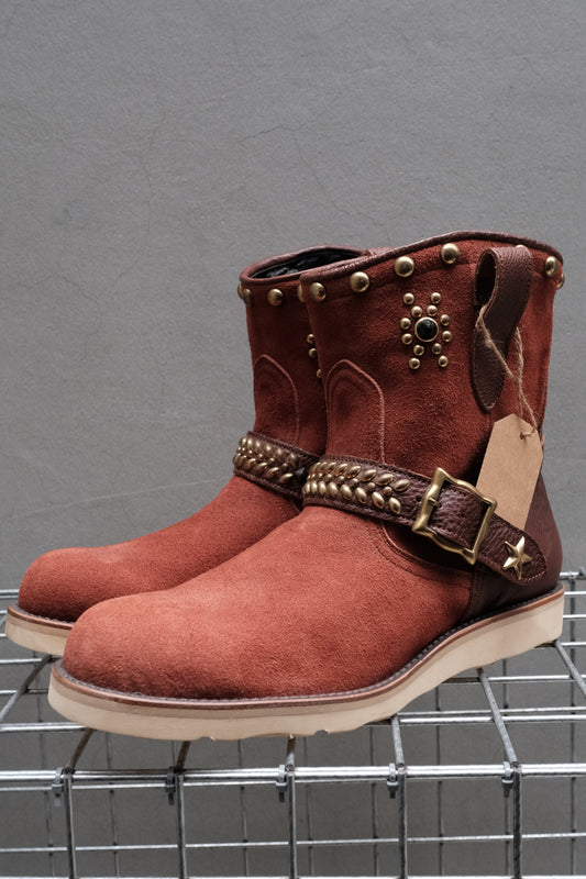 CALEE Studded Suede Leather Engineer Boots 酒紅色麂皮拼接牛皮鉚釘工程靴 Vibram底 日本製