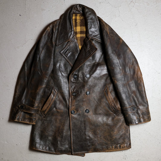 Vintage Euro 1940/50s Double Breasted Leather Coat Jacket 歐洲1940/50年代古著雙排扣皮大衣