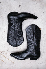 Vintage Plain Toe Black Leather Cowboy Boots黑色尖頭皮革牛仔靴