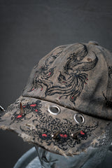 Artisan Hand-Painted Cybersigilism &Yantra Distressed Cap/Aviator Hat 職人手繪賽博 梵天符號 舊化帽 飛行帽