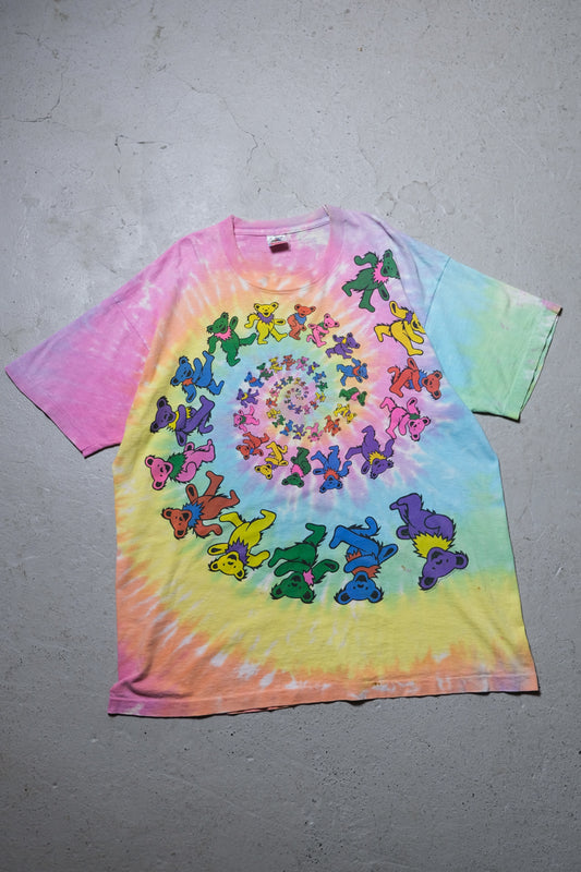 Greatful Dead 1989 ヴィンテージ ダンシング ベア タイダイ T シャツ アメリカのロック バンド デス フラワー カラー ダンシング ベア グループ T