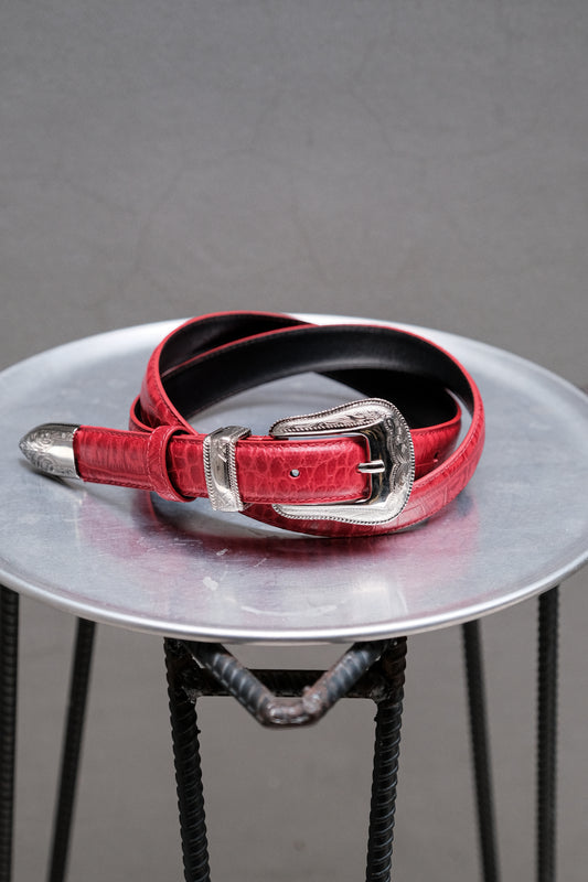 Western Buckle Red Croc Pattern Leather Belt 西部風格紅色鱷魚紋皮帶 全新品