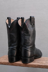 Vintage Textured Black Leather Red-Stitched Roper Western Boots 手工軟牛皮圓頭刺繡工裝牛仔靴