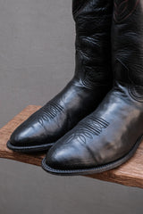 Vintage Textured Black Leather Red-Stitched Roper Western Boots 手工軟牛皮圓頭刺繡工裝牛仔靴