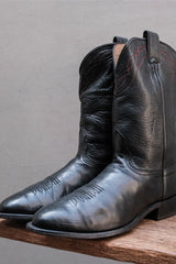 Vintage Textured Black Leather Red-Stitched Roper Western Boots 手工軟牛皮圓頭刺繡工裝牛仔靴