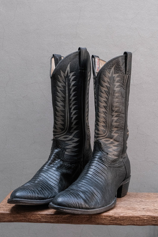 Cowtown Boots USA Made Black Lizard Skin Embroidered Western Cowboy Boots 復古黑蜥蜴皮手工多排刺繡西部牛仔靴 美國製
