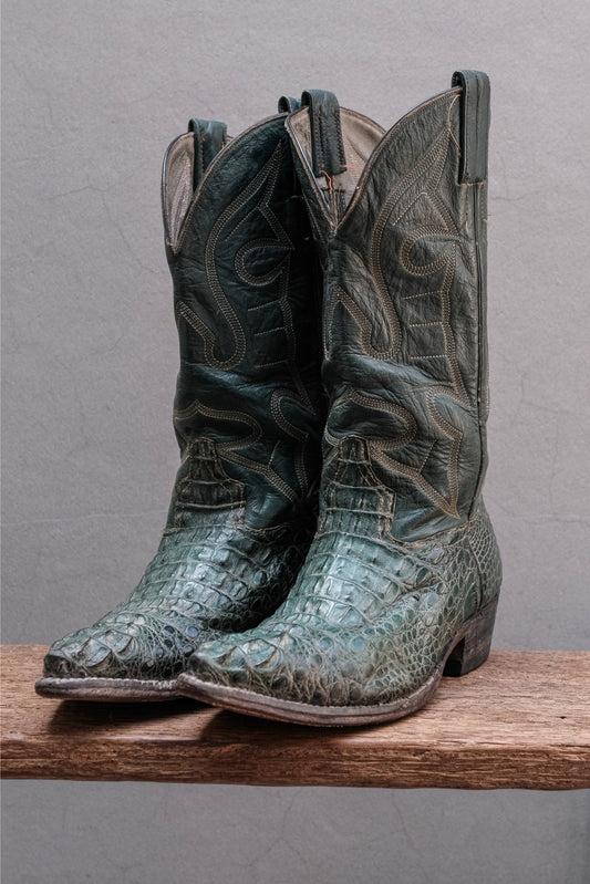 Vintage Emerald Green Alligator Leather Embroidered Western Cowboy Boots 松石墨綠鱷魚皮手工雕花刺繡西部牛仔靴