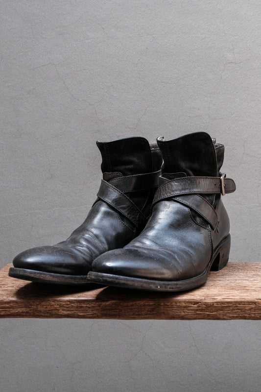 John Varvatos Italian Handmade Leather Cross-Strap Boots (Paisley Lining) 美國設計師品牌 黑釦交叉皮帶機車短靴