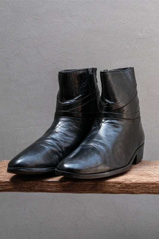 STACY ADAMS Ruched Leather Side-Zip Dress Boots (Leather Sole / Black) 美國經典鞋履品牌 經典皮革褶皺側拉鍊尖圓頭紳士短靴 (皮底/黑色)