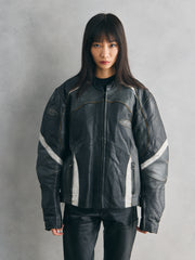 FORCE ONE Black & White Panel Leather Biker Jacket黑白拼接賽車皮衣