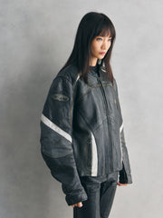 FORCE ONE Black & White Panel Leather Biker Jacket黑白拼接賽車皮衣