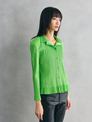 Vintage Pleated Button-Up Long Sleeve Shirt - Bright Green 古著 螢光綠縐褶長袖襯衫