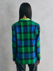 Textured Blue-Green Check Cropped Blazer 復古藍綠格紋 立體織紋西裝外套