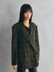 Vintage Wool Check Double-Breasted Blazer- Olive Green 復古羊毛格紋雙排扣西裝外套