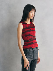 Red Black Print Pleated Sleeveless Top 紅黑印花縐褶背心上衣