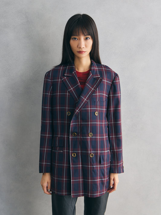 British tailoring Check Double-Breasted Blazer 英式學院風格格紋雙排扣西裝外套
