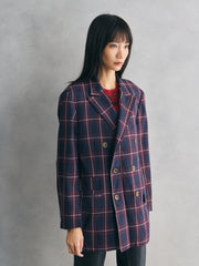 British tailoring Check Double-Breasted Blazer 英式學院風格格紋雙排扣西裝外套