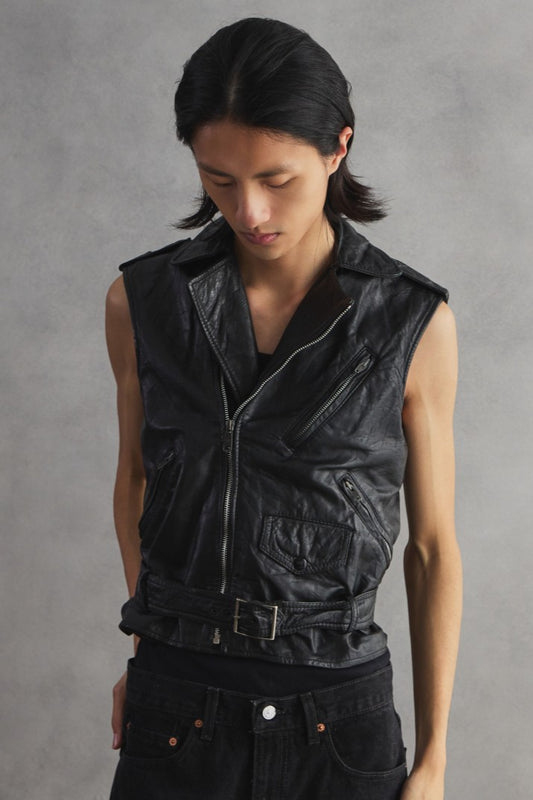 Vintage Zip-Pocket Leather Motorcycle Vest 古著拉鍊口袋皮革騎士背心